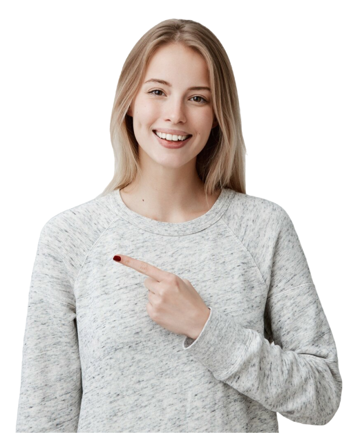 smiling joyful woman pointing with finger copyspace 1